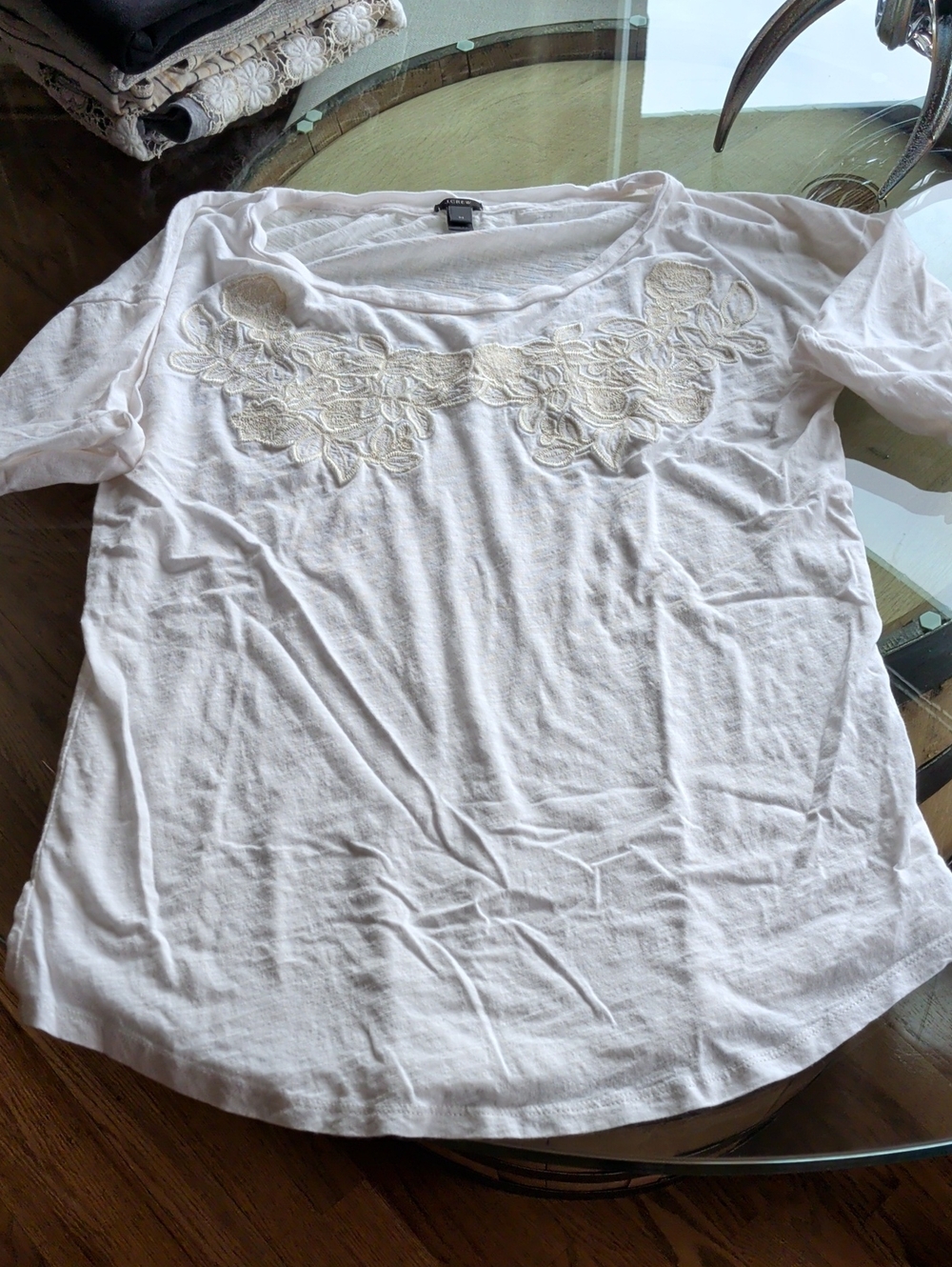 J. Crew White Short Sleeve Scoop Neck Top with Cream Floral Embroidery